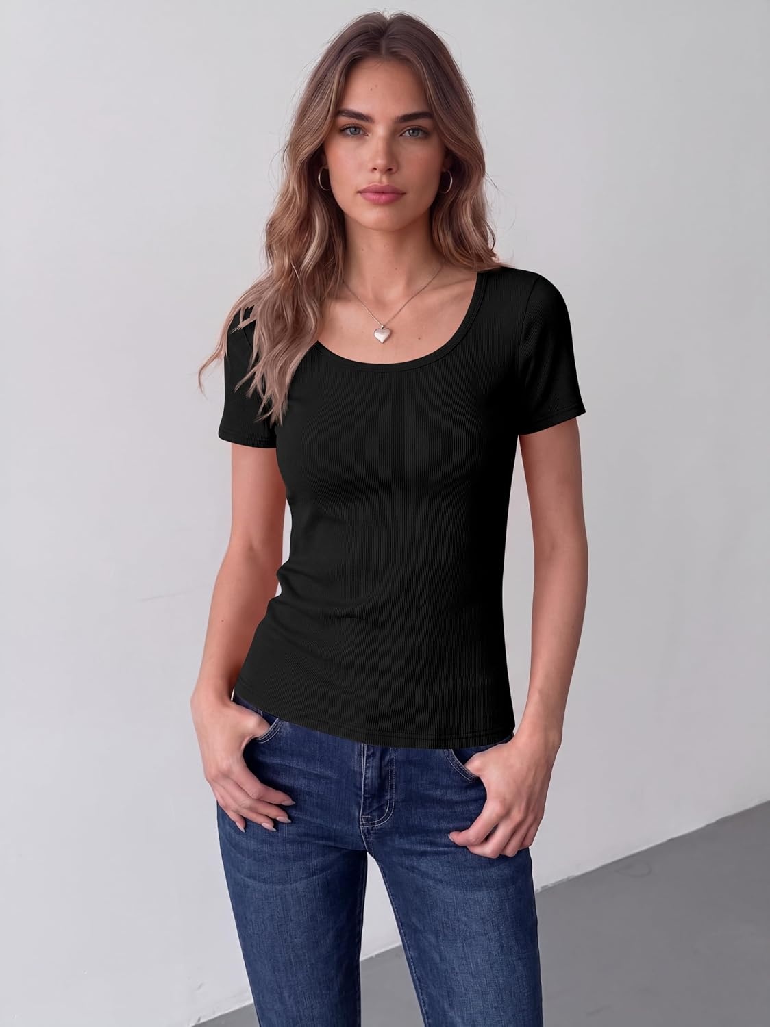 image:imageZeagoo Womens Tops Short Sleeve Rib Knit Basic Tee Scoop Neck Fitted Shirt1black