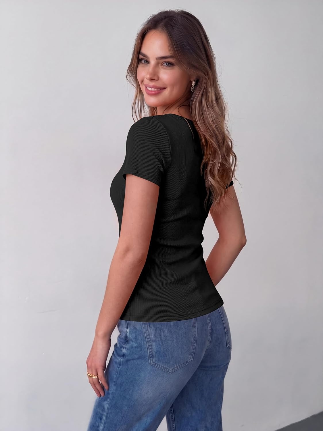 image:imageZeagoo Womens Tops Short Sleeve Rib Knit Basic Tee Scoop Neck Fitted Shirt1black