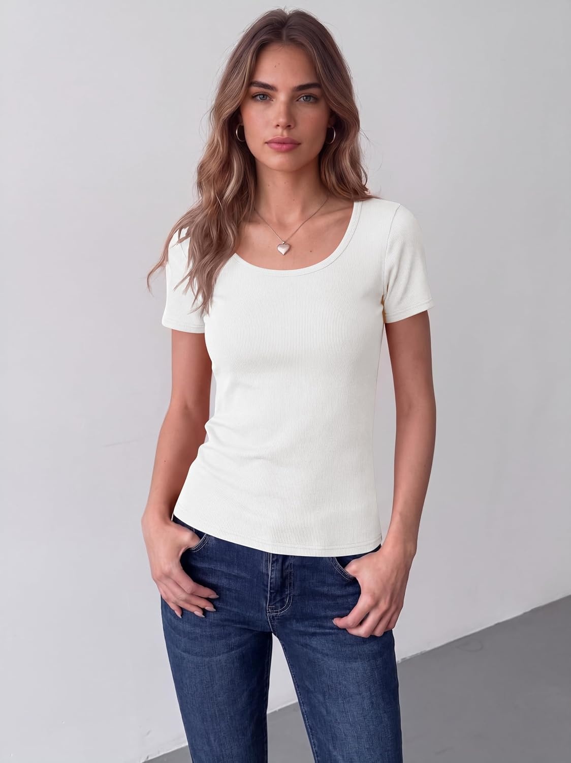 image:imageZeagoo Womens Tops Short Sleeve Rib Knit Basic Tee Scoop Neck Fitted Shirt1white
