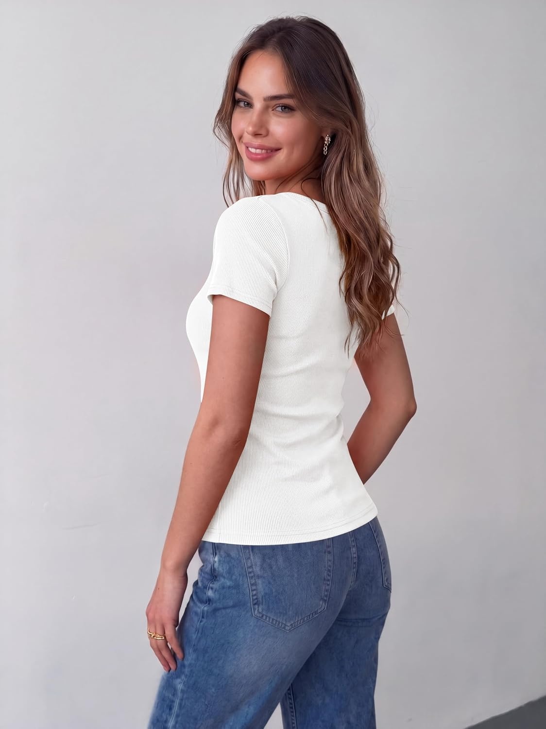 image:imageZeagoo Womens Tops Short Sleeve Rib Knit Basic Tee Scoop Neck Fitted Shirt1white