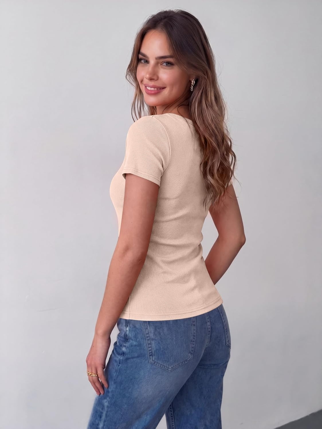 image:imageZeagoo Womens Tops Short Sleeve Rib Knit Basic Tee Scoop Neck Fitted ShirtApricot