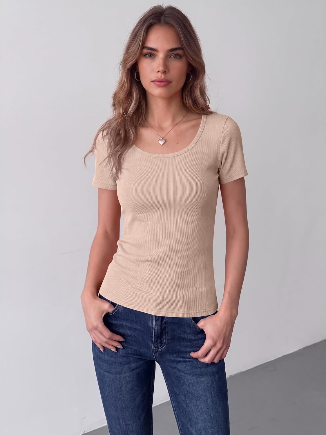 image:imageZeagoo Womens Tops Short Sleeve Rib Knit Basic Tee Scoop Neck Fitted ShirtApricot