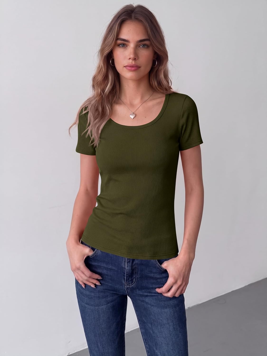 image:imageZeagoo Womens Tops Short Sleeve Rib Knit Basic Tee Scoop Neck Fitted ShirtArmy Green