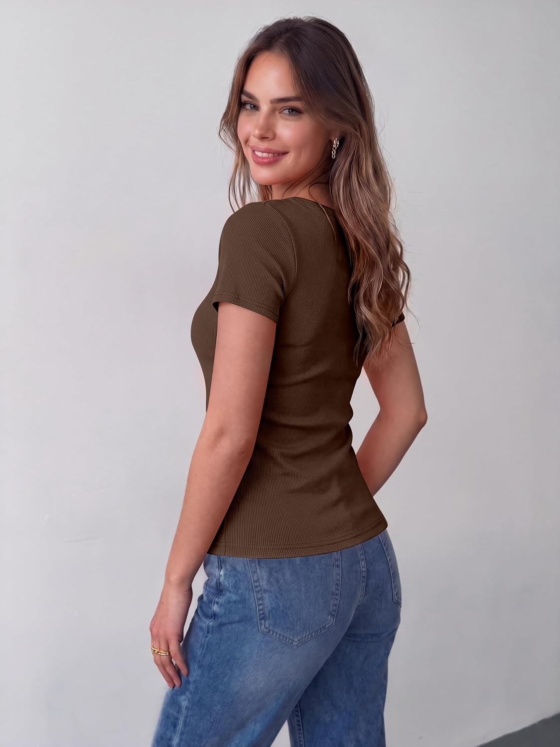 image:imageZeagoo Womens Tops Short Sleeve Rib Knit Basic Tee Scoop Neck Fitted ShirtBrown