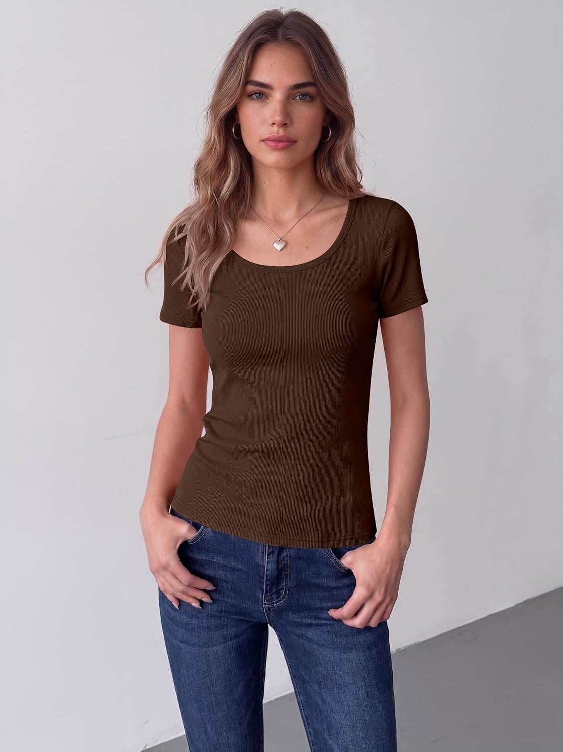image:imageZeagoo Womens Tops Short Sleeve Rib Knit Basic Tee Scoop Neck Fitted ShirtBrown
