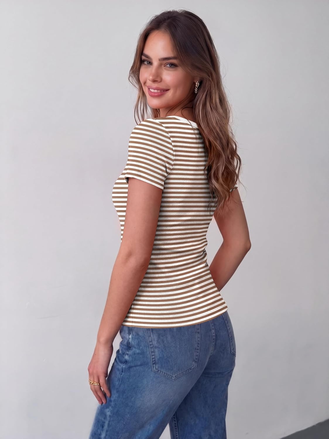 image:imageZeagoo Womens Tops Short Sleeve Rib Knit Basic Tee Scoop Neck Fitted ShirtBrown White Stripes