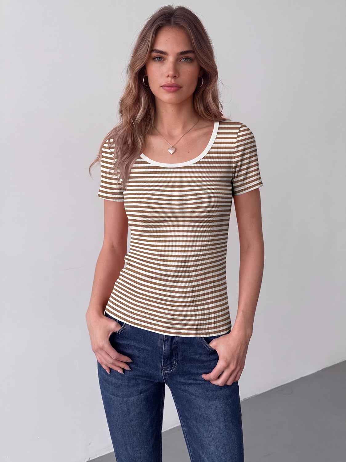 image:imageZeagoo Womens Tops Short Sleeve Rib Knit Basic Tee Scoop Neck Fitted ShirtBrown White Stripes
