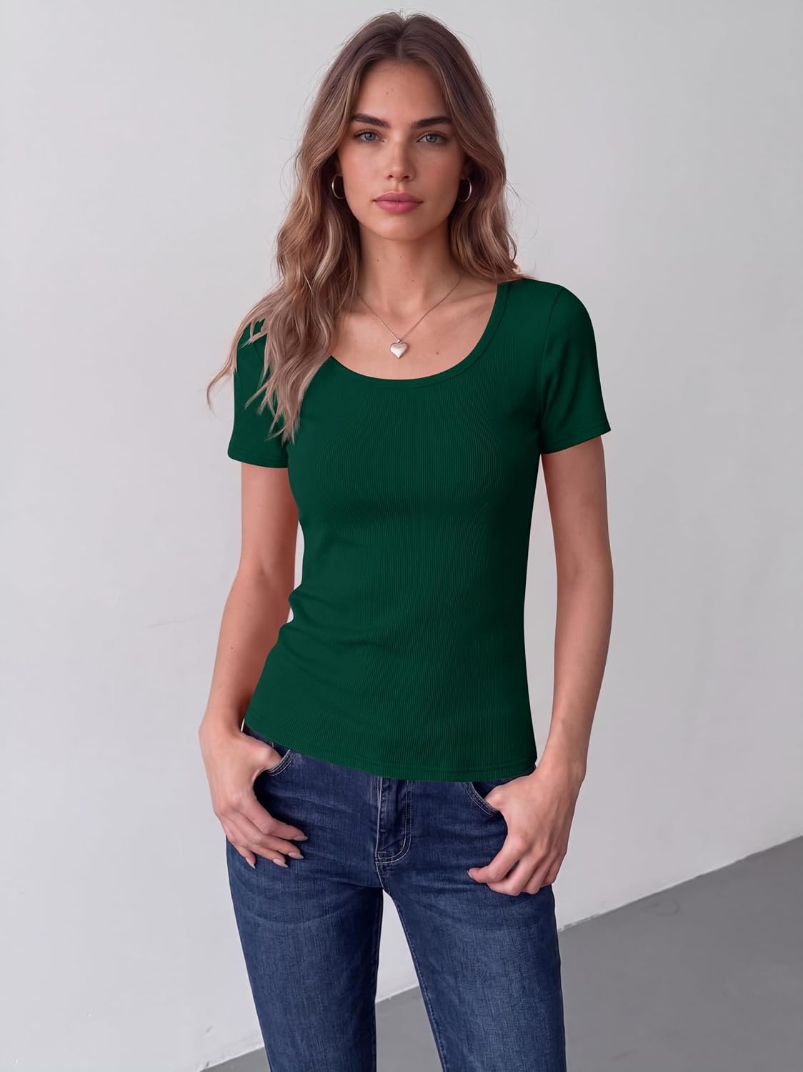 image:imageZeagoo Womens Tops Short Sleeve Rib Knit Basic Tee Scoop Neck Fitted ShirtDark Green