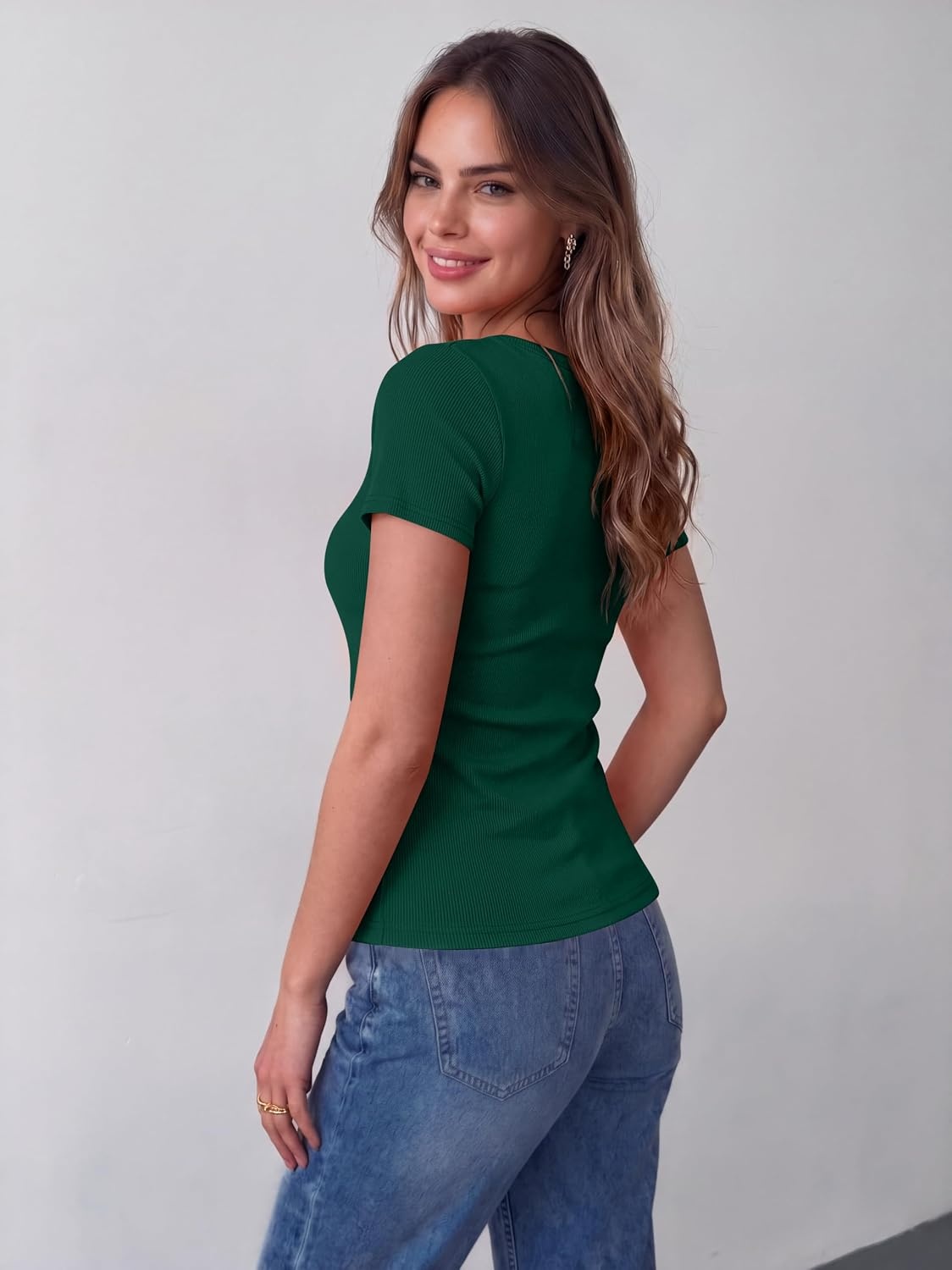 image:imageZeagoo Womens Tops Short Sleeve Rib Knit Basic Tee Scoop Neck Fitted ShirtDark Green