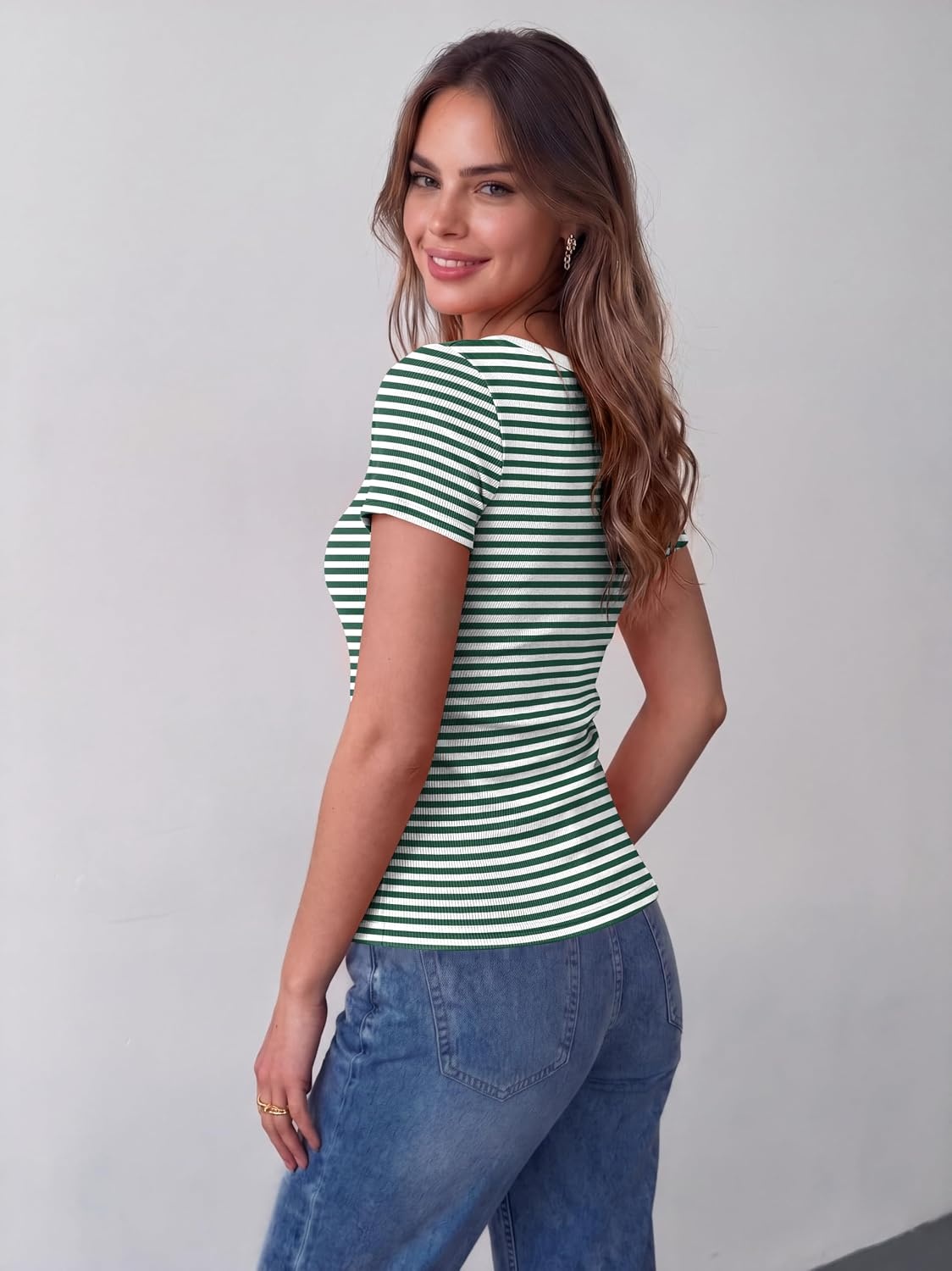image:imageZeagoo Womens Tops Short Sleeve Rib Knit Basic Tee Scoop Neck Fitted ShirtGreen White Stripes