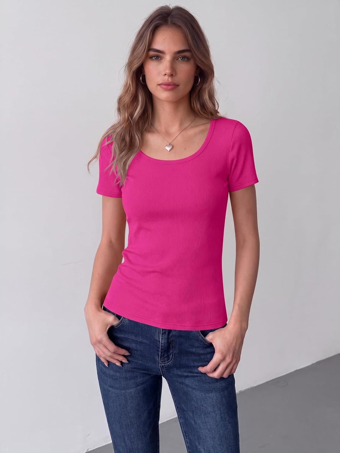 image:imageZeagoo Womens Tops Short Sleeve Rib Knit Basic Tee Scoop Neck Fitted ShirtHot Pink