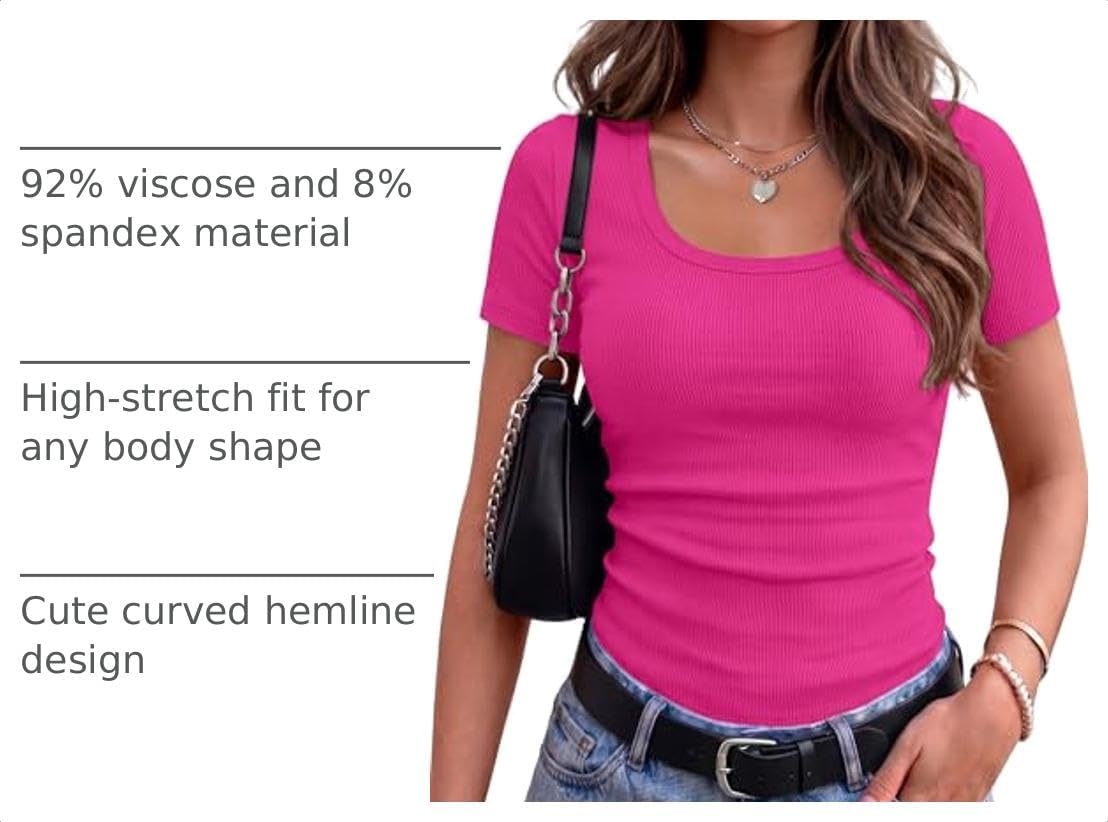image:imageZeagoo Womens Tops Short Sleeve Rib Knit Basic Tee Scoop Neck Fitted ShirtHot Pink