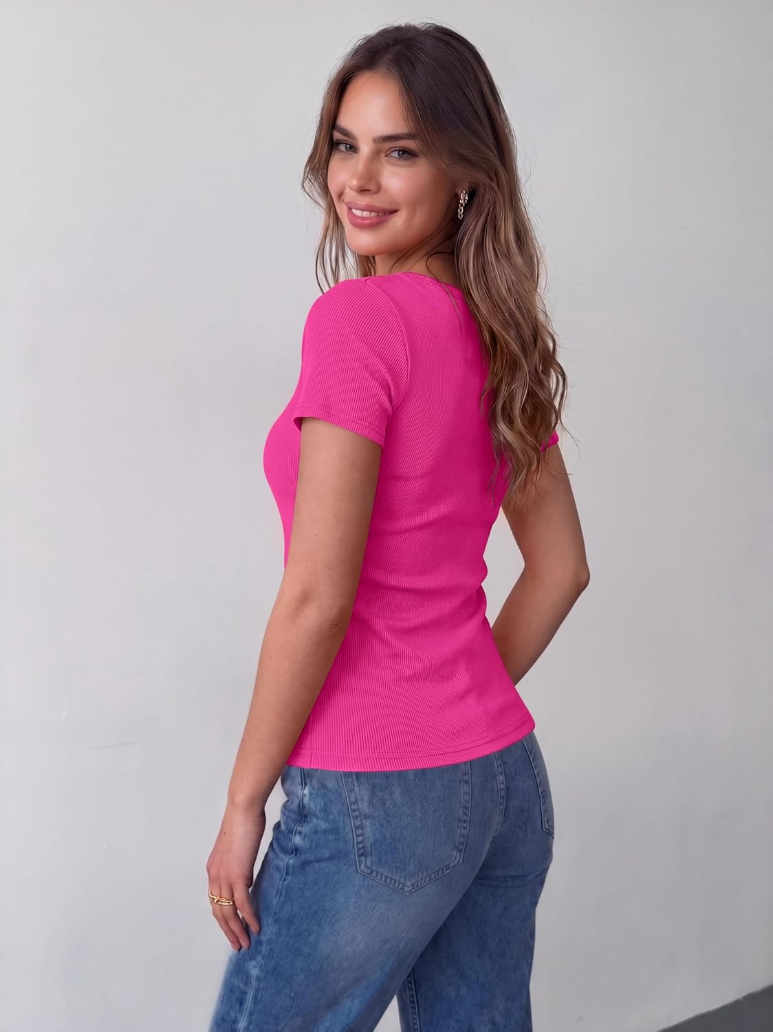 image:imageZeagoo Womens Tops Short Sleeve Rib Knit Basic Tee Scoop Neck Fitted ShirtHot Pink