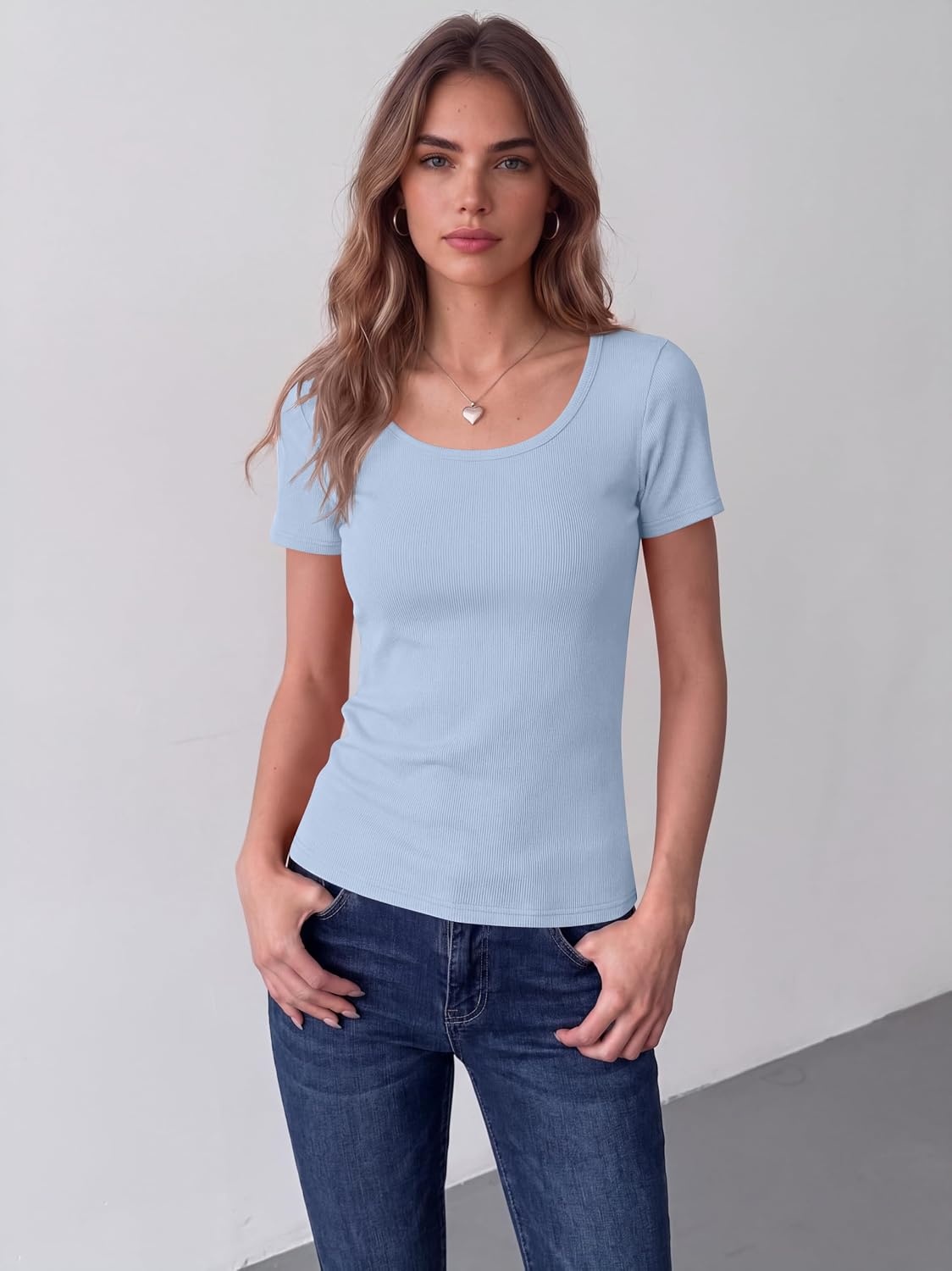 image:imageZeagoo Womens Tops Short Sleeve Rib Knit Basic Tee Scoop Neck Fitted ShirtLight Blue