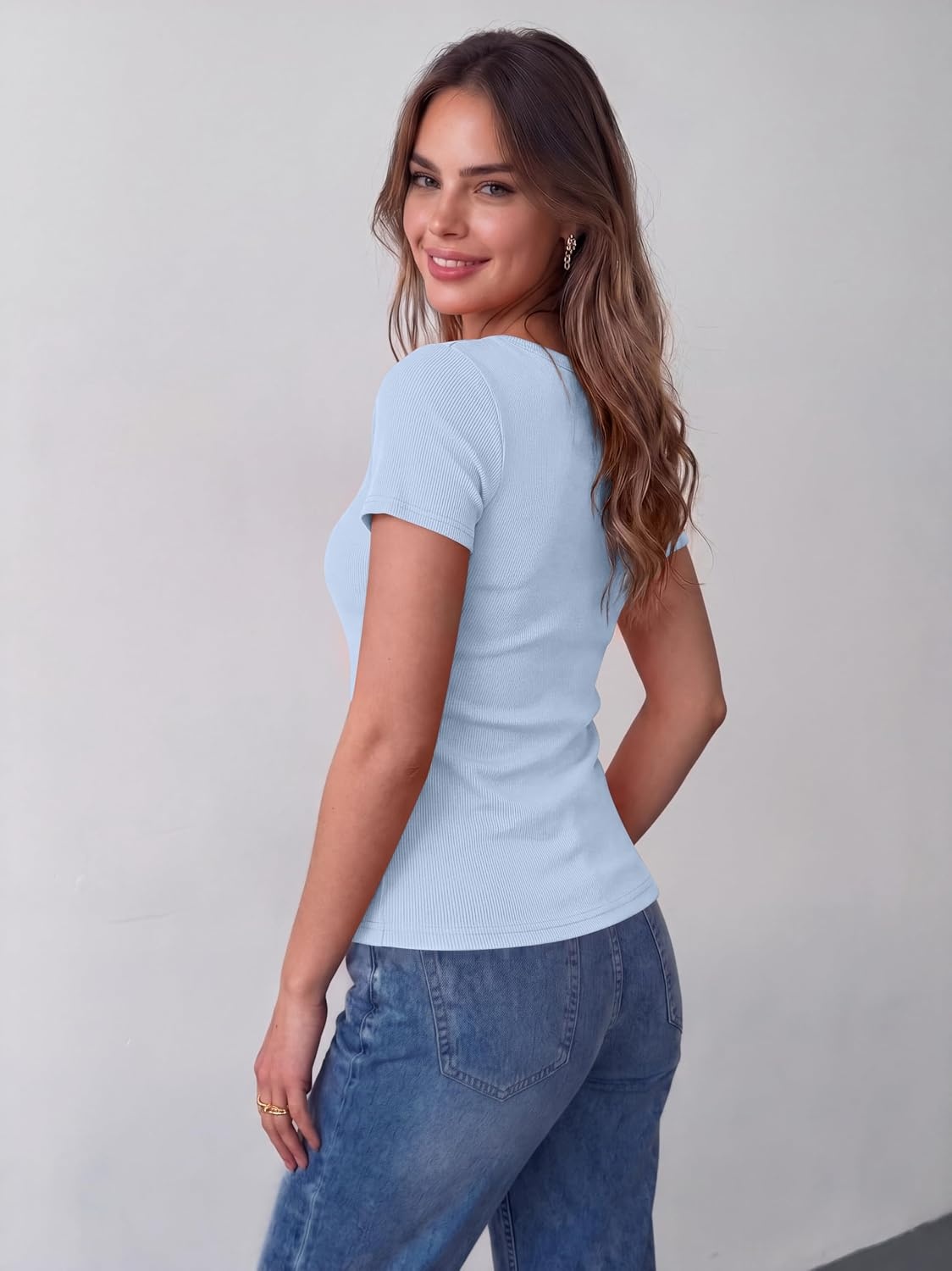 image:imageZeagoo Womens Tops Short Sleeve Rib Knit Basic Tee Scoop Neck Fitted ShirtLight Blue
