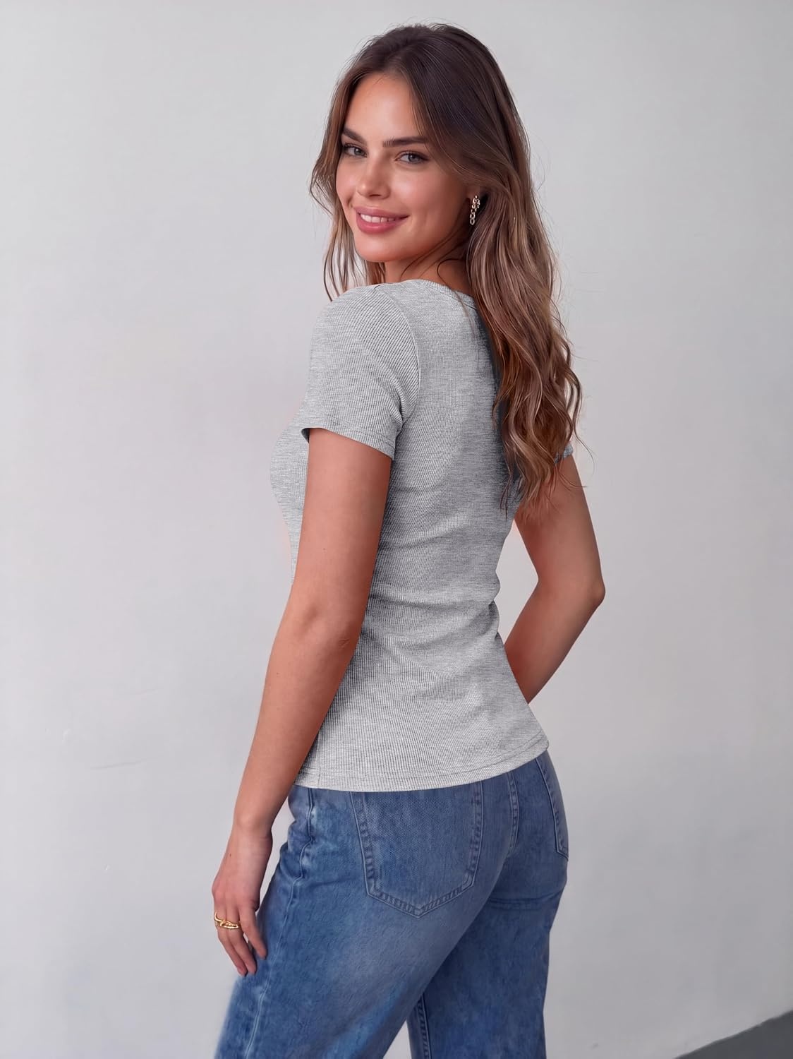 image:imageZeagoo Womens Tops Short Sleeve Rib Knit Basic Tee Scoop Neck Fitted ShirtLight Grey