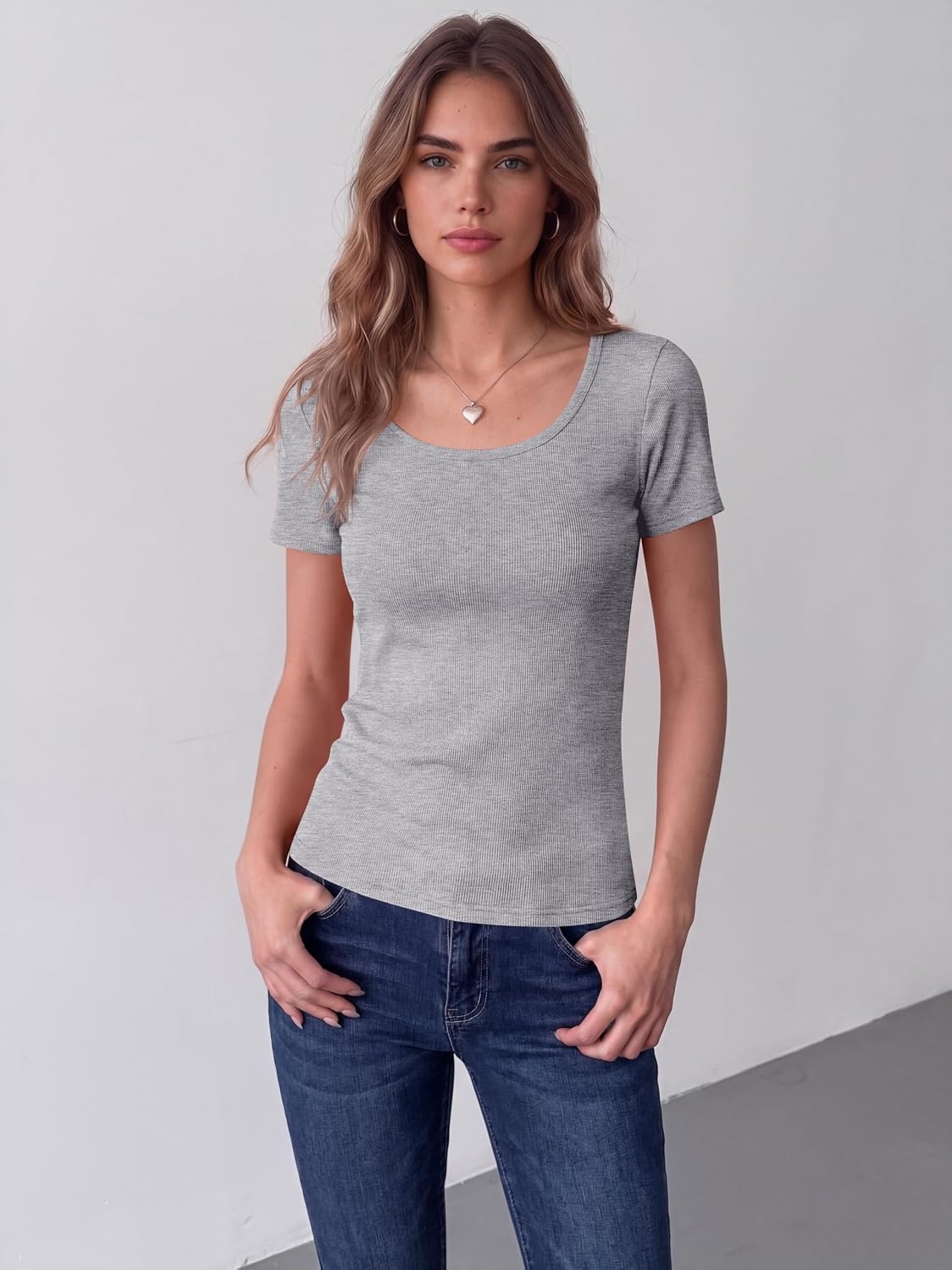 image:imageZeagoo Womens Tops Short Sleeve Rib Knit Basic Tee Scoop Neck Fitted ShirtLight Grey
