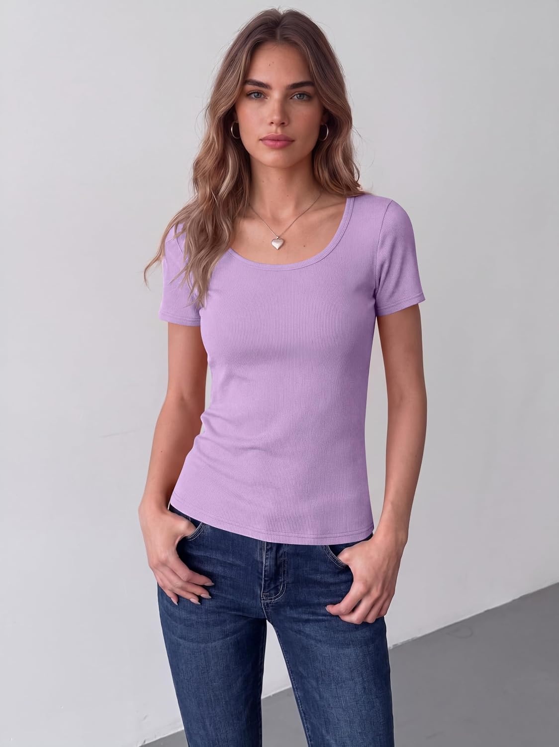 image:imageZeagoo Womens Tops Short Sleeve Rib Knit Basic Tee Scoop Neck Fitted ShirtLight Purple