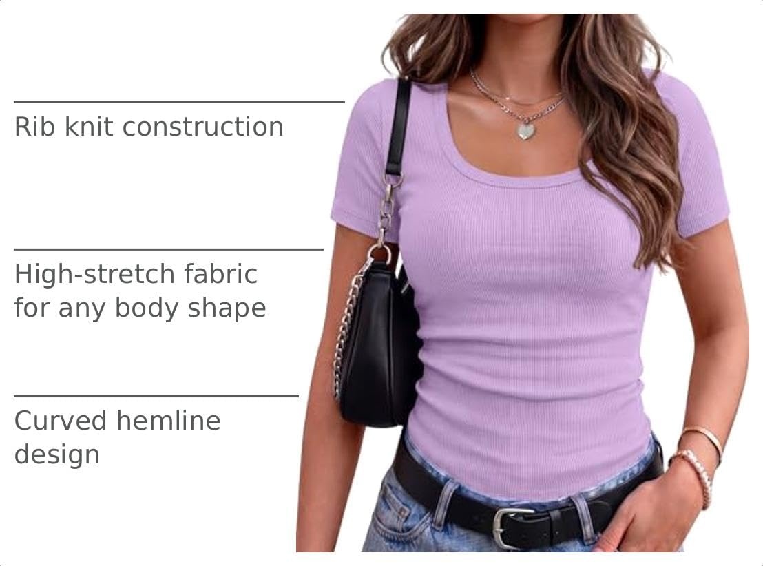 image:imageZeagoo Womens Tops Short Sleeve Rib Knit Basic Tee Scoop Neck Fitted ShirtLight Purple