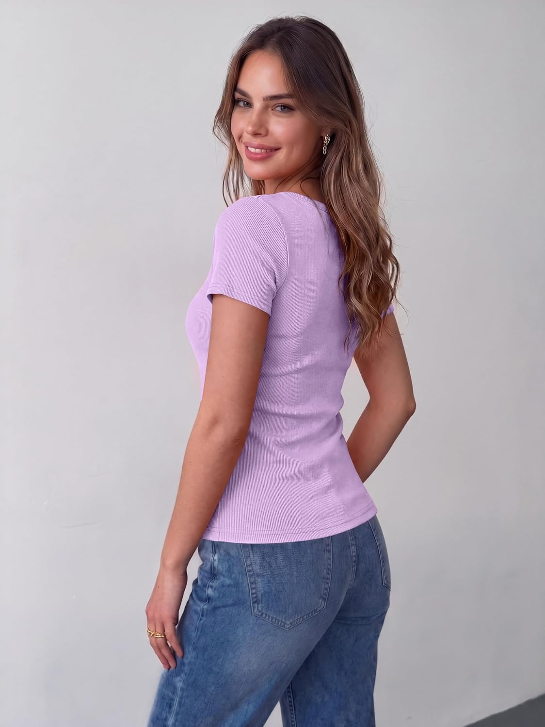 image:imageZeagoo Womens Tops Short Sleeve Rib Knit Basic Tee Scoop Neck Fitted ShirtLight Purple