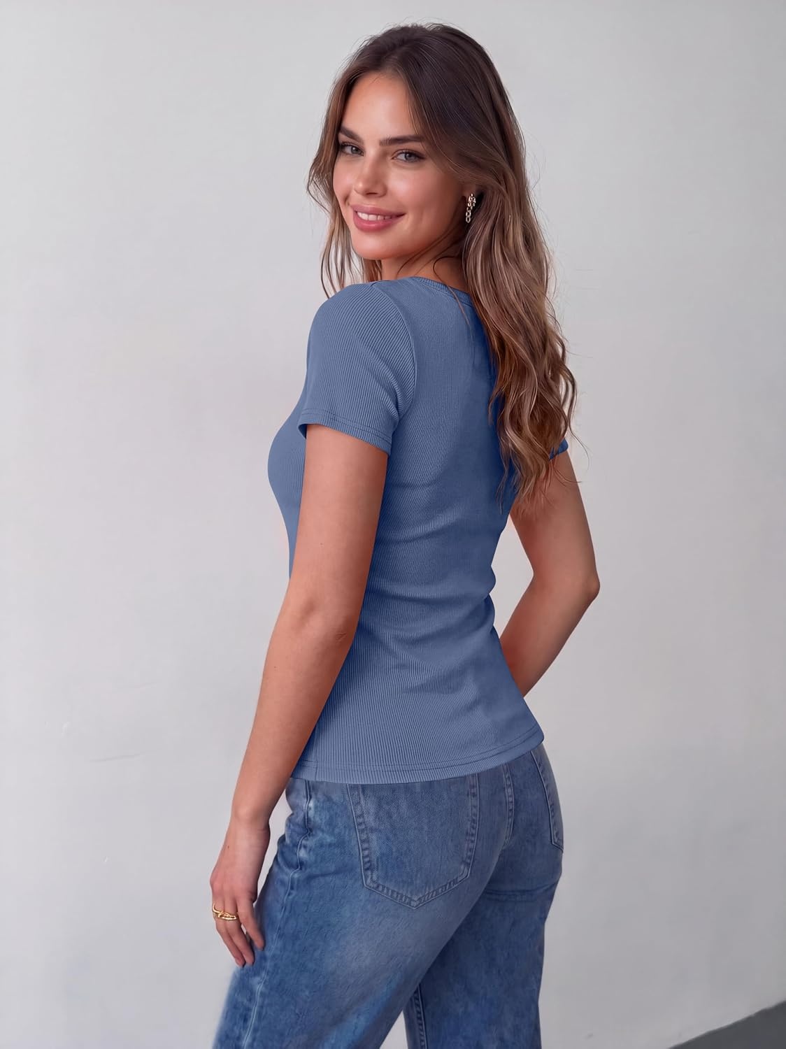 image:imageZeagoo Womens Tops Short Sleeve Rib Knit Basic Tee Scoop Neck Fitted ShirtNavy
