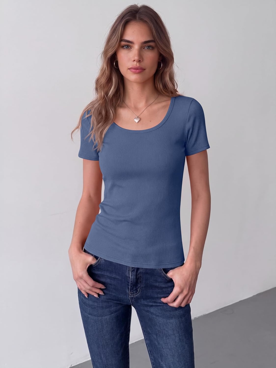 image:imageZeagoo Womens Tops Short Sleeve Rib Knit Basic Tee Scoop Neck Fitted ShirtNavy