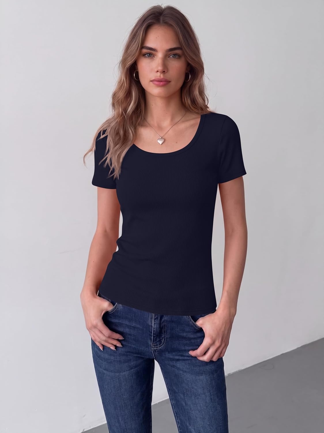 image:imageZeagoo Womens Tops Short Sleeve Rib Knit Basic Tee Scoop Neck Fitted ShirtNavy Blue