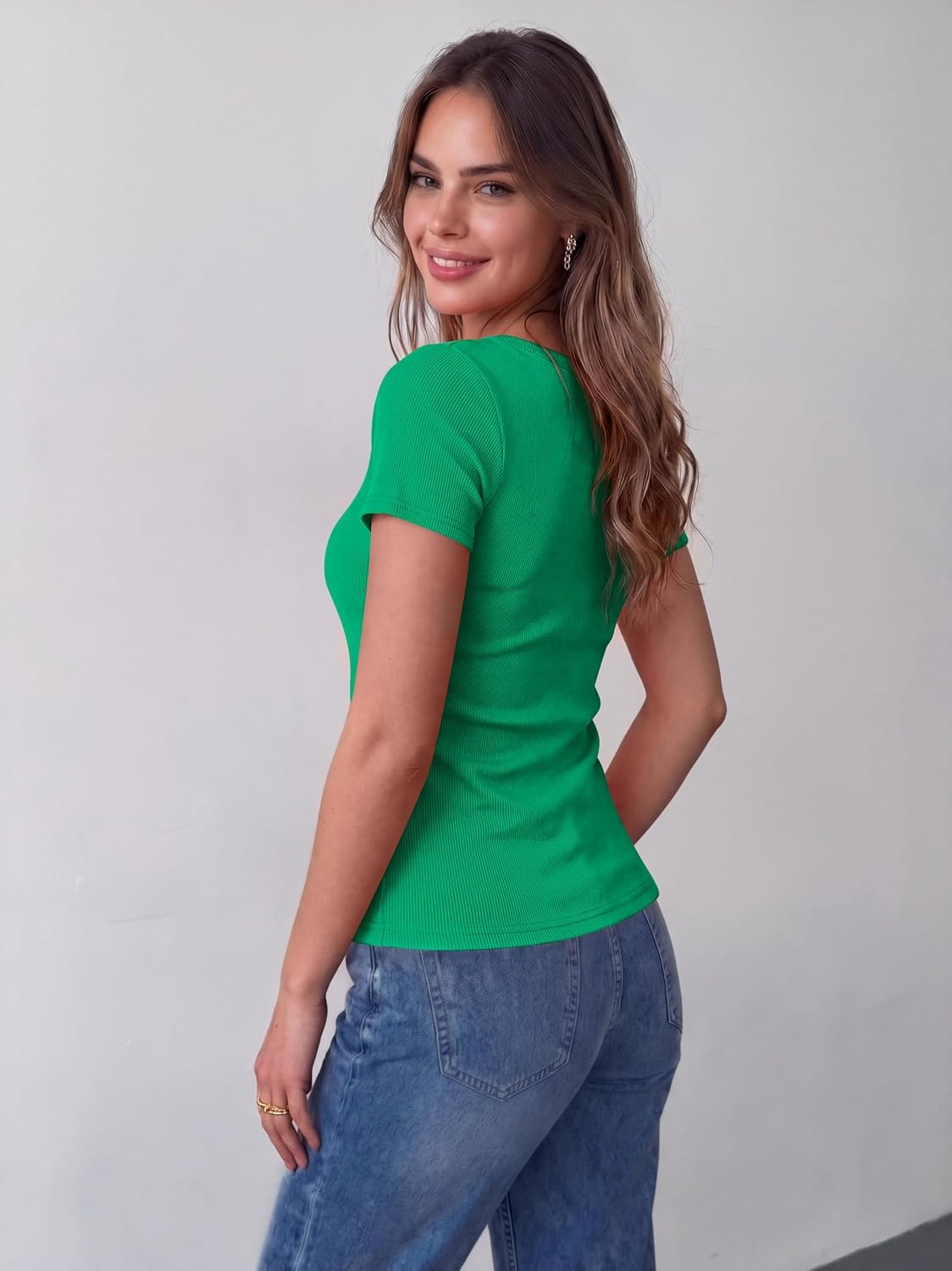 image:imageZeagoo Womens Tops Short Sleeve Rib Knit Basic Tee Scoop Neck Fitted ShirtOasis