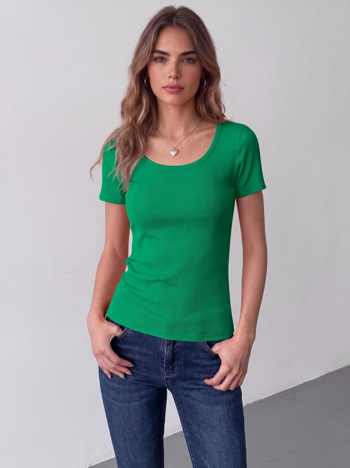 image:imageZeagoo Womens Tops Short Sleeve Rib Knit Basic Tee Scoop Neck Fitted ShirtOasis