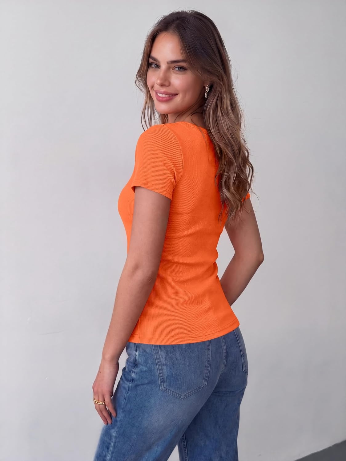 image:imageZeagoo Womens Tops Short Sleeve Rib Knit Basic Tee Scoop Neck Fitted ShirtOrange
