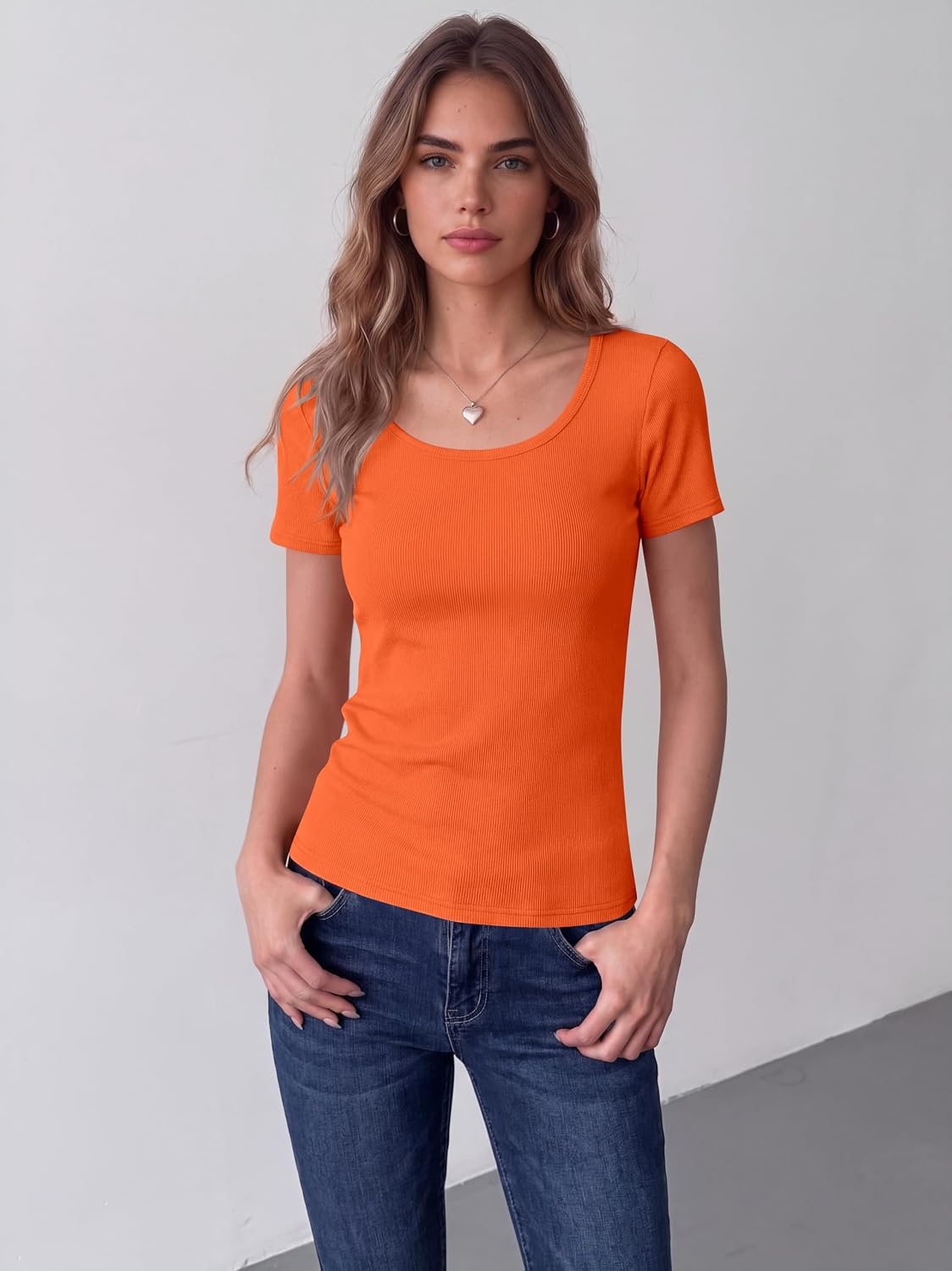 image:imageZeagoo Womens Tops Short Sleeve Rib Knit Basic Tee Scoop Neck Fitted ShirtOrange