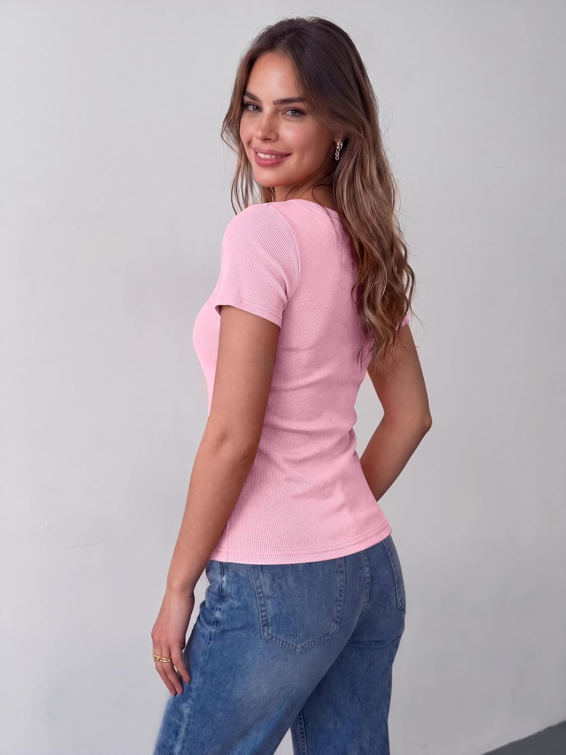 image:imageZeagoo Womens Tops Short Sleeve Rib Knit Basic Tee Scoop Neck Fitted ShirtPink