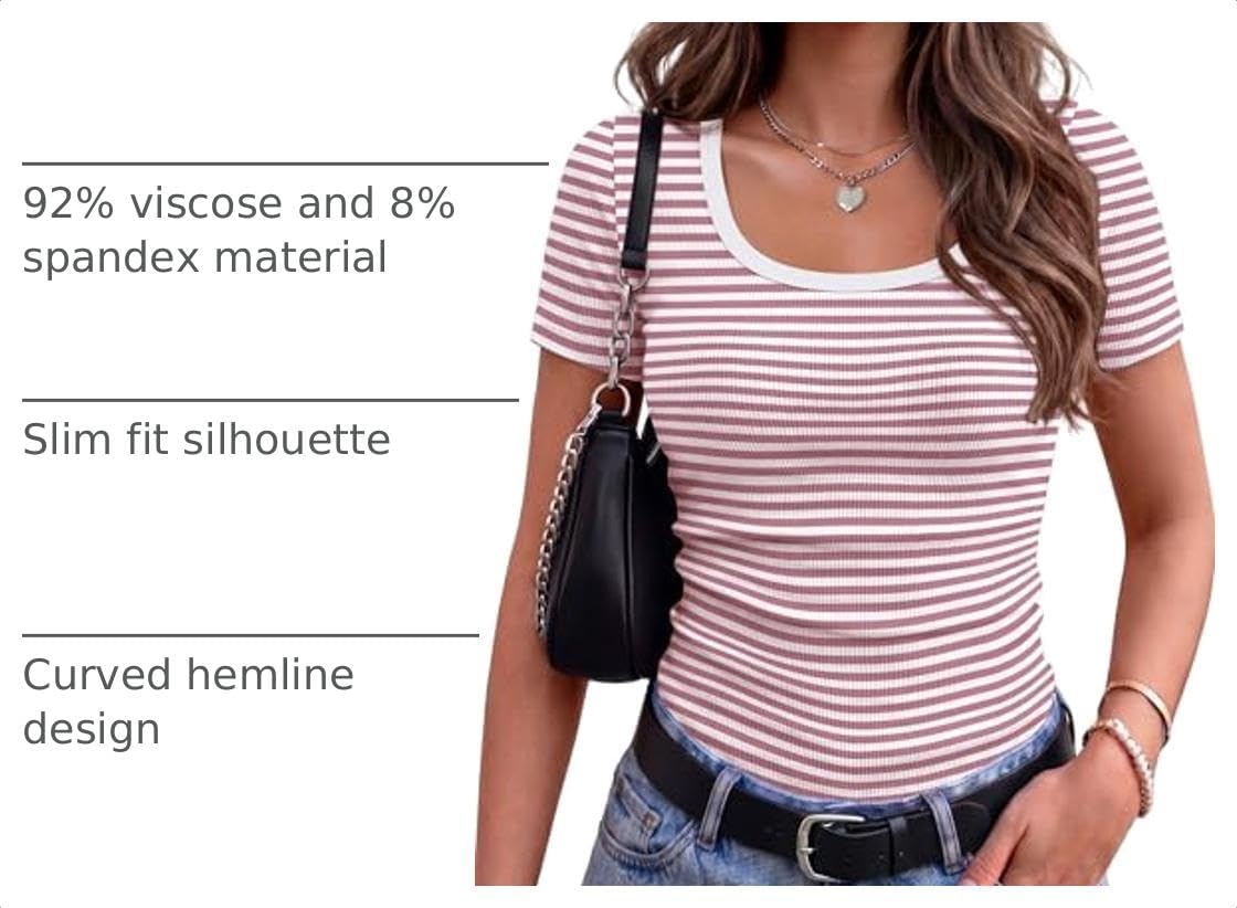 image:imageZeagoo Womens Tops Short Sleeve Rib Knit Basic Tee Scoop Neck Fitted ShirtPink White Stripes
