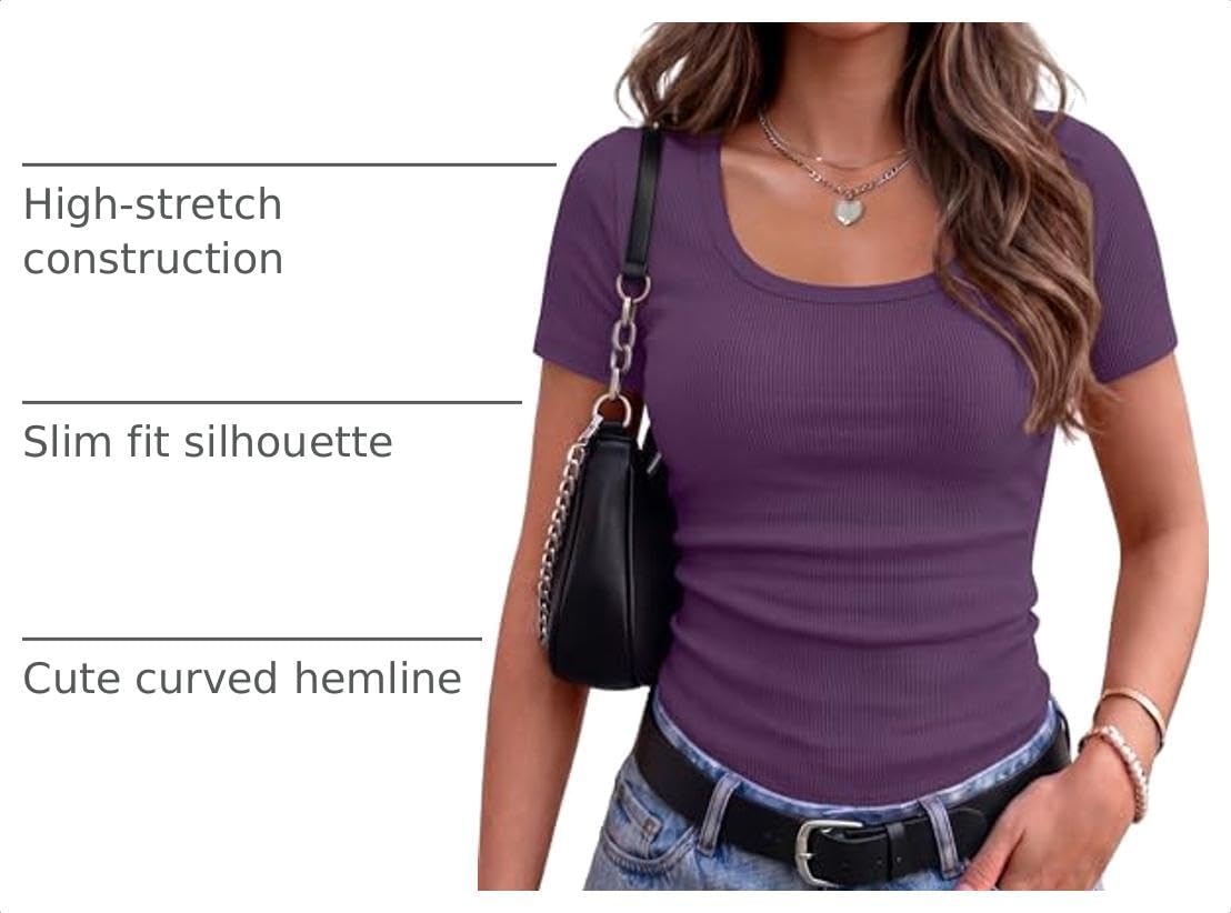 image:imageZeagoo Womens Tops Short Sleeve Rib Knit Basic Tee Scoop Neck Fitted ShirtPurple