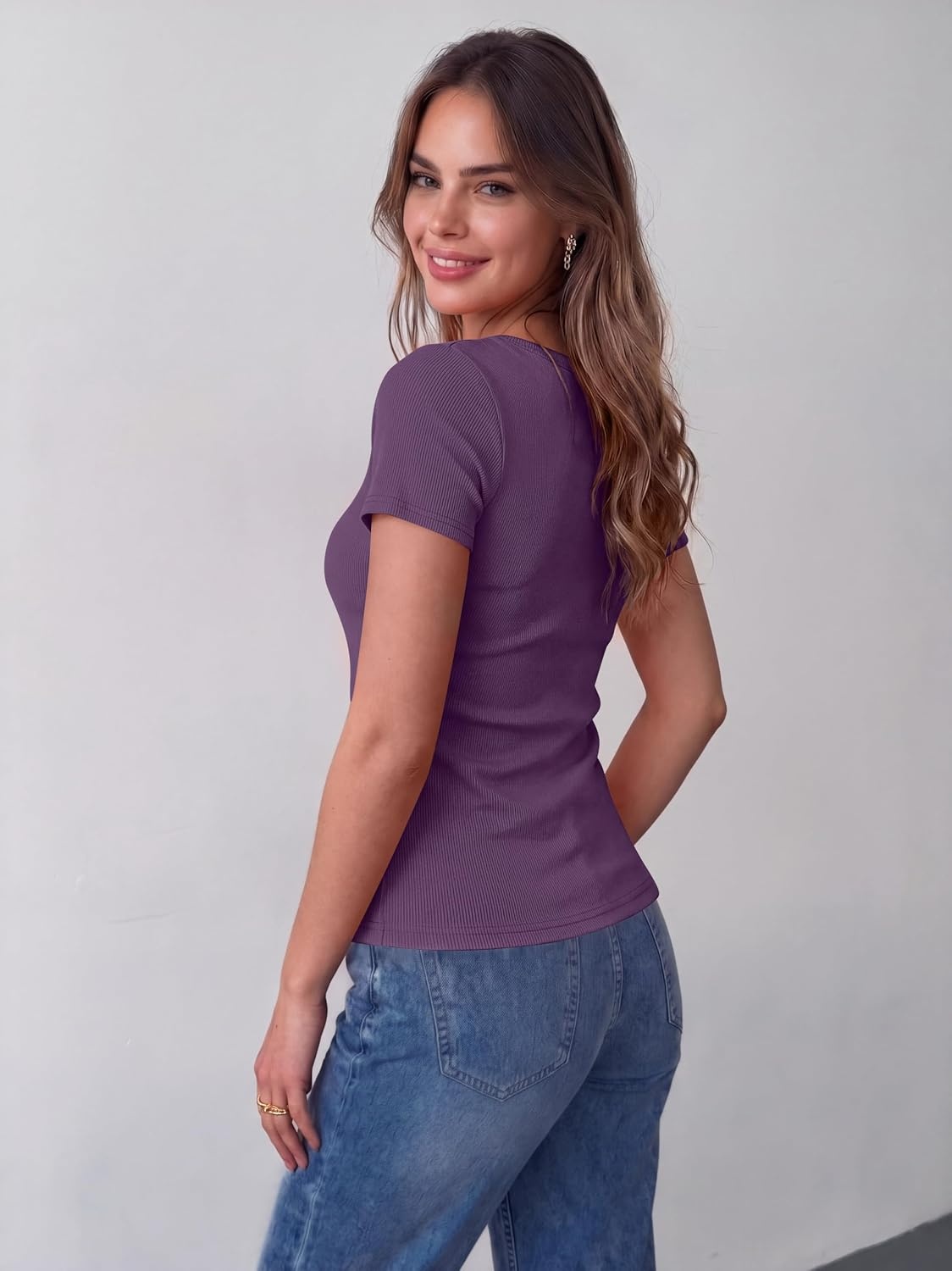 image:imageZeagoo Womens Tops Short Sleeve Rib Knit Basic Tee Scoop Neck Fitted ShirtPurple