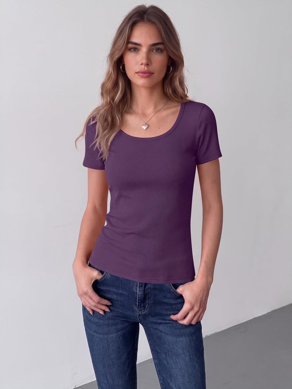 image:imageZeagoo Womens Tops Short Sleeve Rib Knit Basic Tee Scoop Neck Fitted ShirtPurple