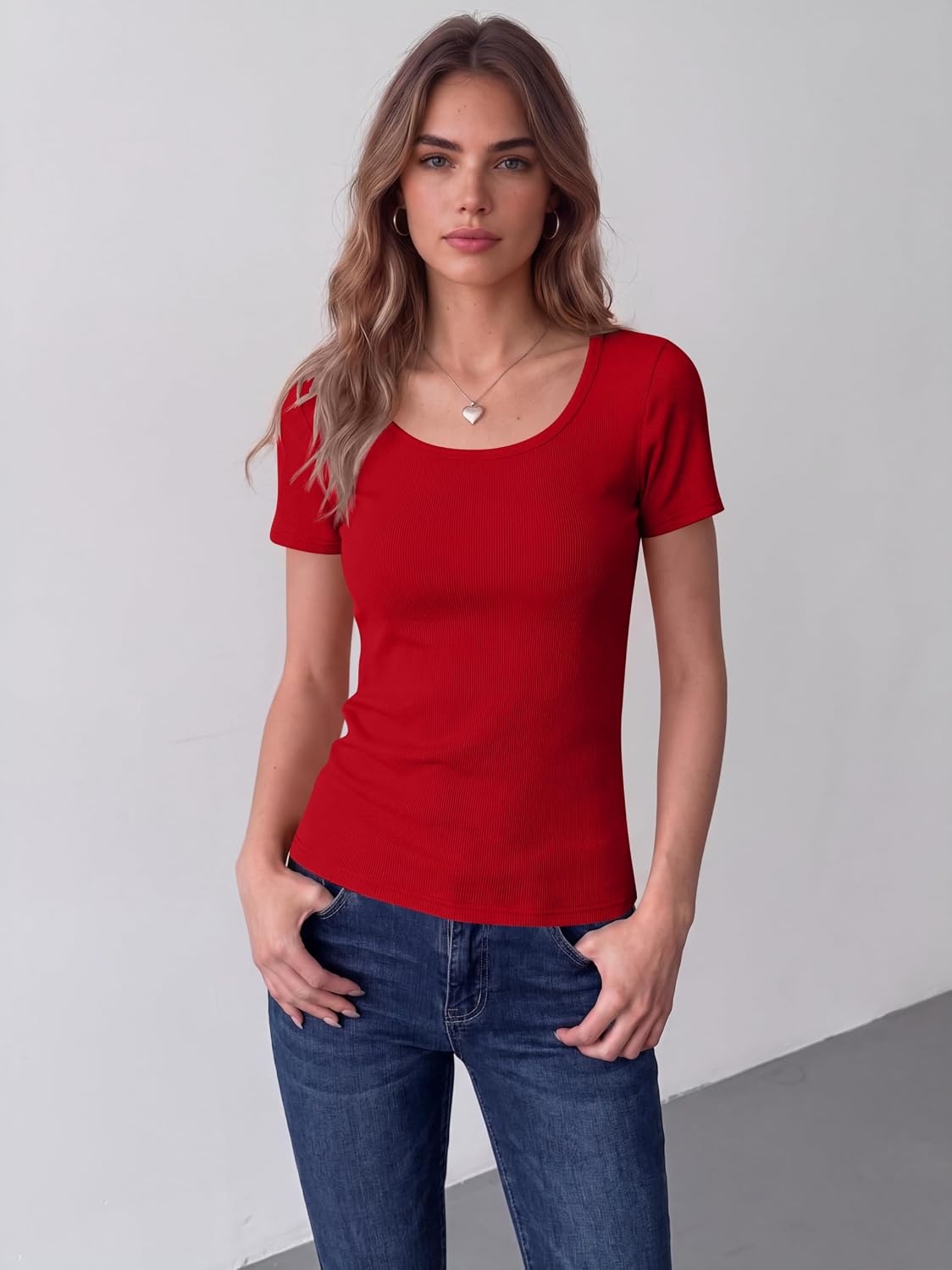 image:imageZeagoo Womens Tops Short Sleeve Rib Knit Basic Tee Scoop Neck Fitted ShirtRed
