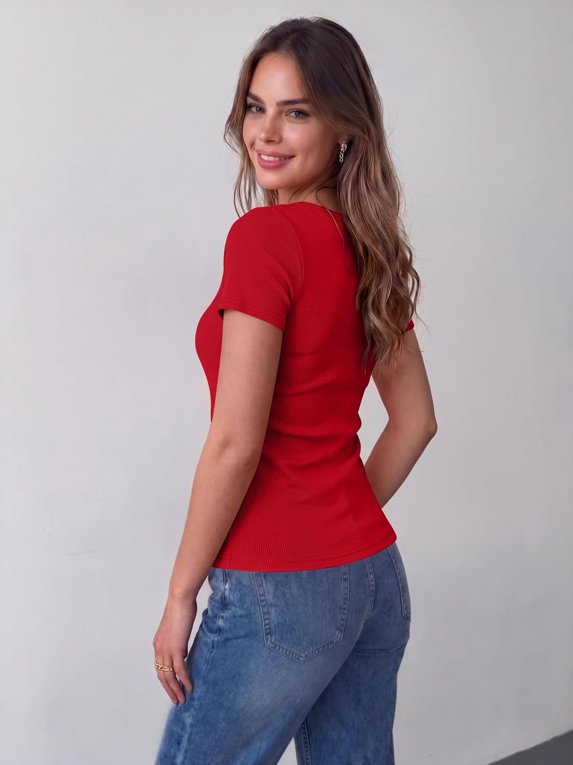 image:imageZeagoo Womens Tops Short Sleeve Rib Knit Basic Tee Scoop Neck Fitted ShirtRed