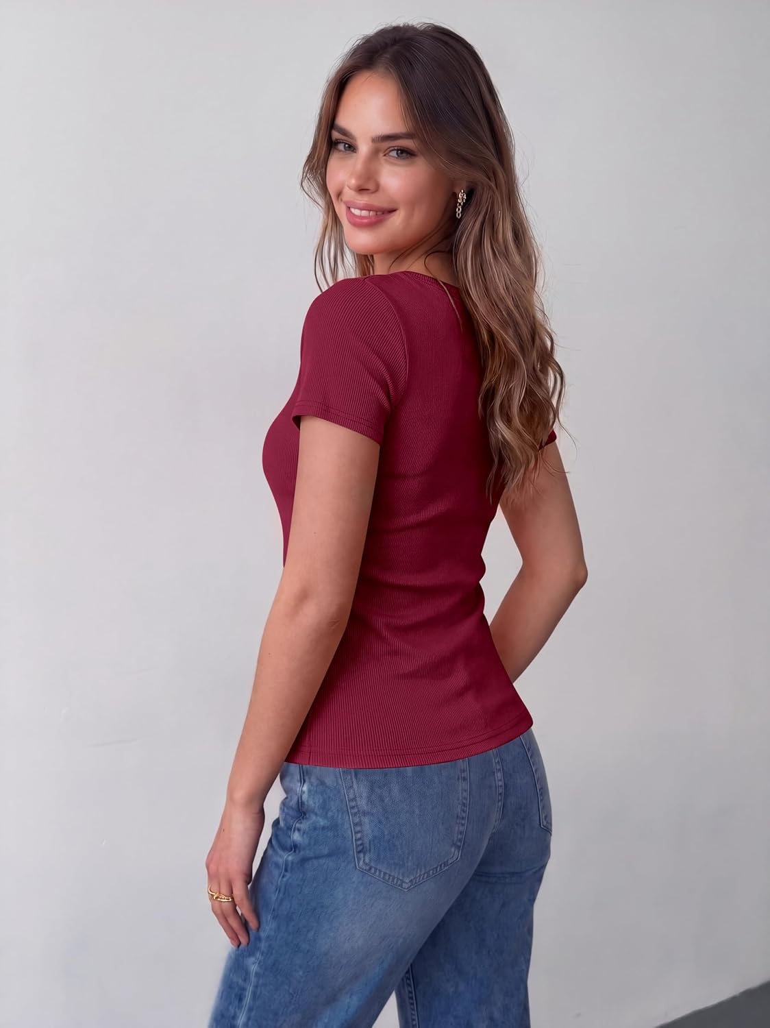 image:imageZeagoo Womens Tops Short Sleeve Rib Knit Basic Tee Scoop Neck Fitted ShirtWine Red