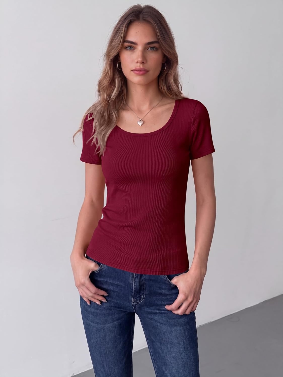 image:imageZeagoo Womens Tops Short Sleeve Rib Knit Basic Tee Scoop Neck Fitted ShirtWine Red