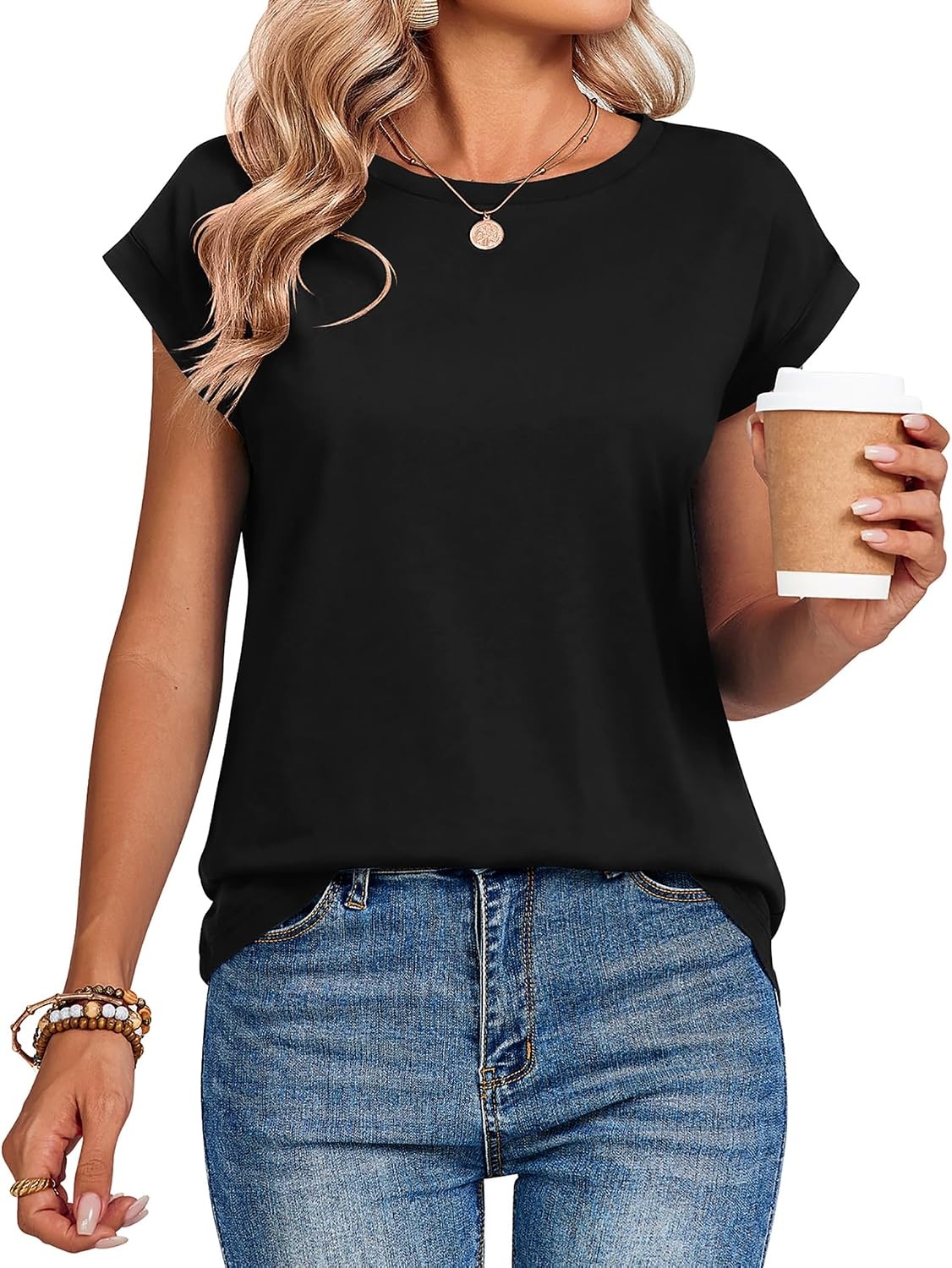 image:imageZeagoo Womens Tops Summer Casual Cap Sleeve Tshirts Shirts Business BlousesBlack