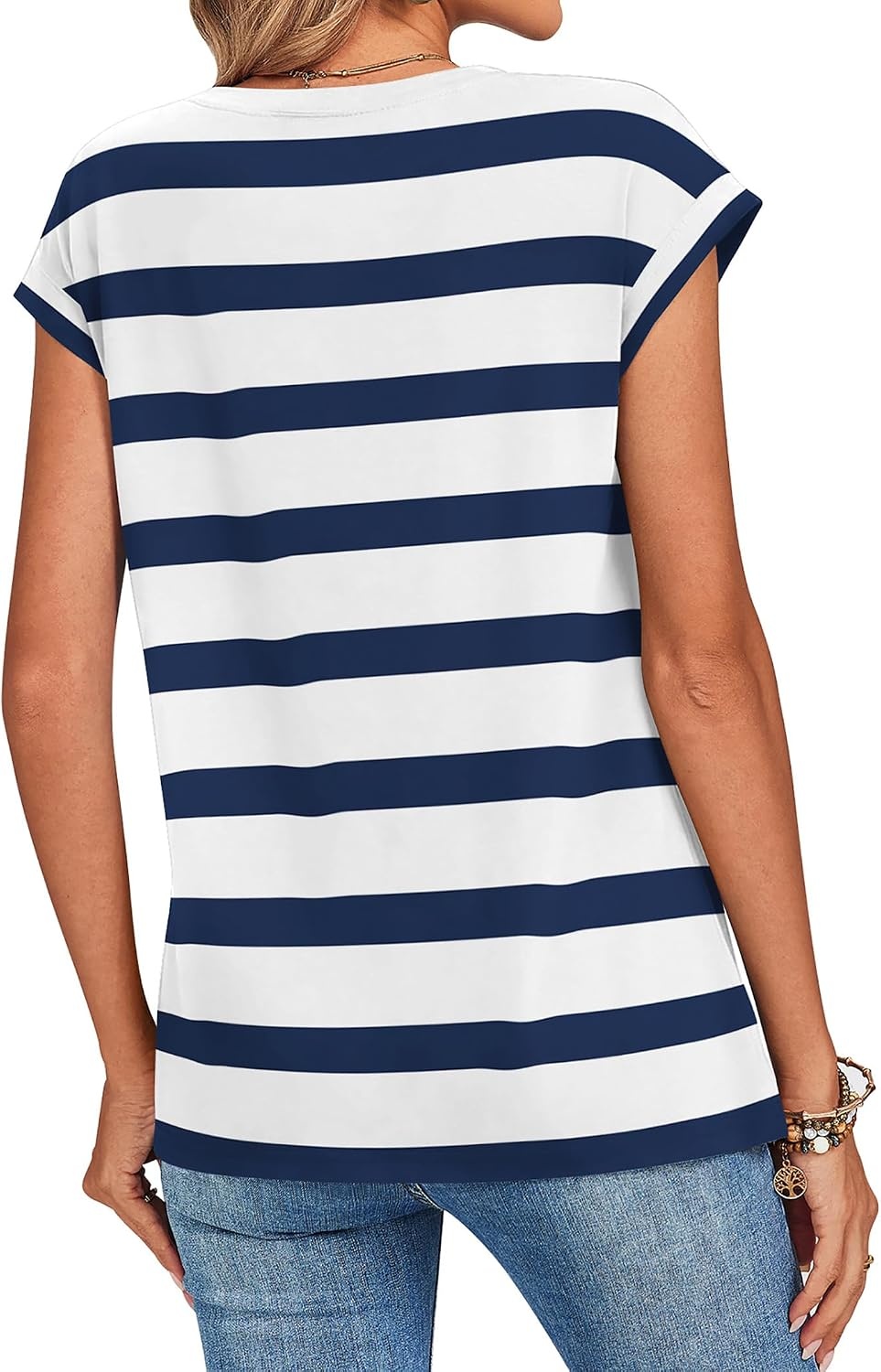 image:imageZeagoo Womens Tops Summer Casual Cap Sleeve Tshirts Shirts Business BlousesBlue White Striped