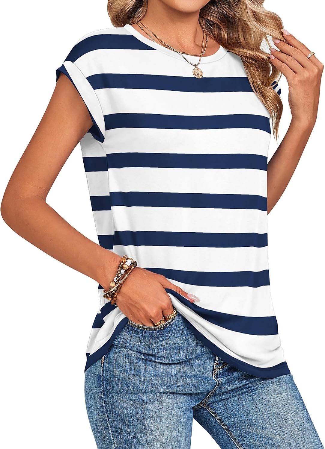 image:imageZeagoo Womens Tops Summer Casual Cap Sleeve Tshirts Shirts Business BlousesBlue White Striped