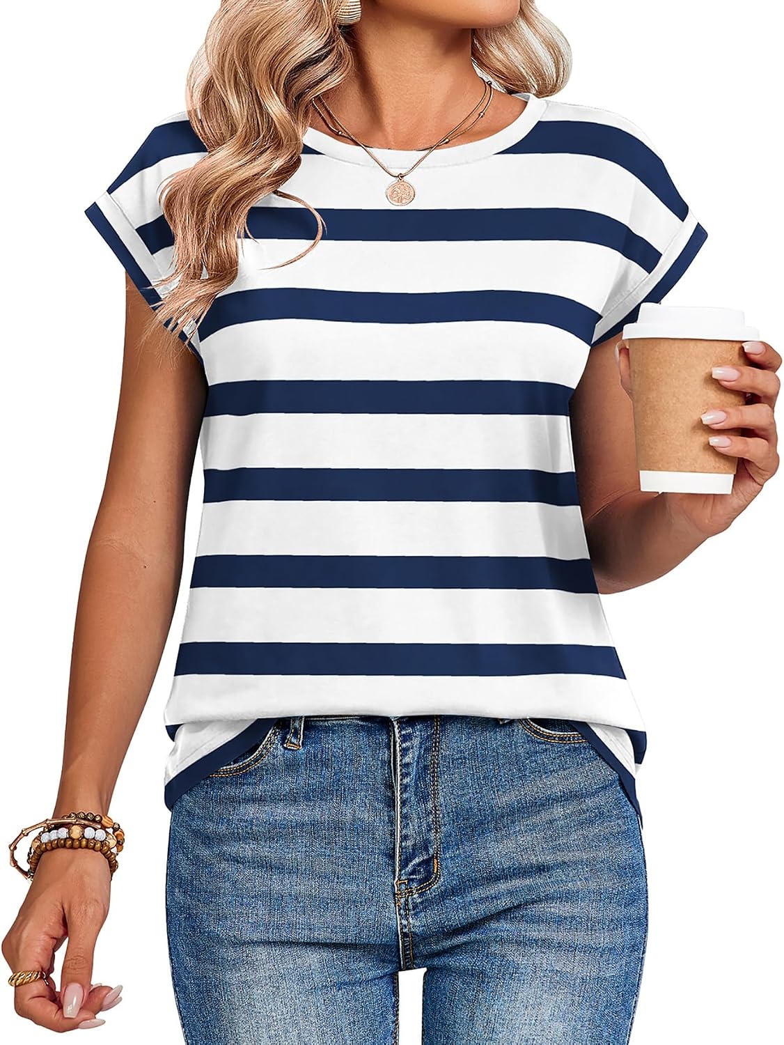 image:imageZeagoo Womens Tops Summer Casual Cap Sleeve Tshirts Shirts Business BlousesBlue White Striped