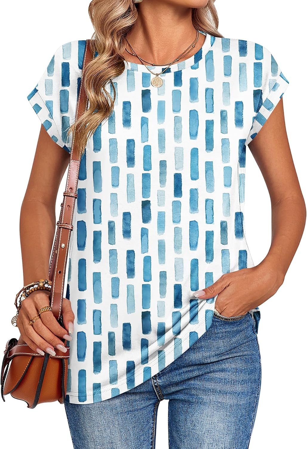 image:imageZeagoo Womens Tops Summer Casual Cap Sleeve Tshirts Shirts Business BlousesBlue and White