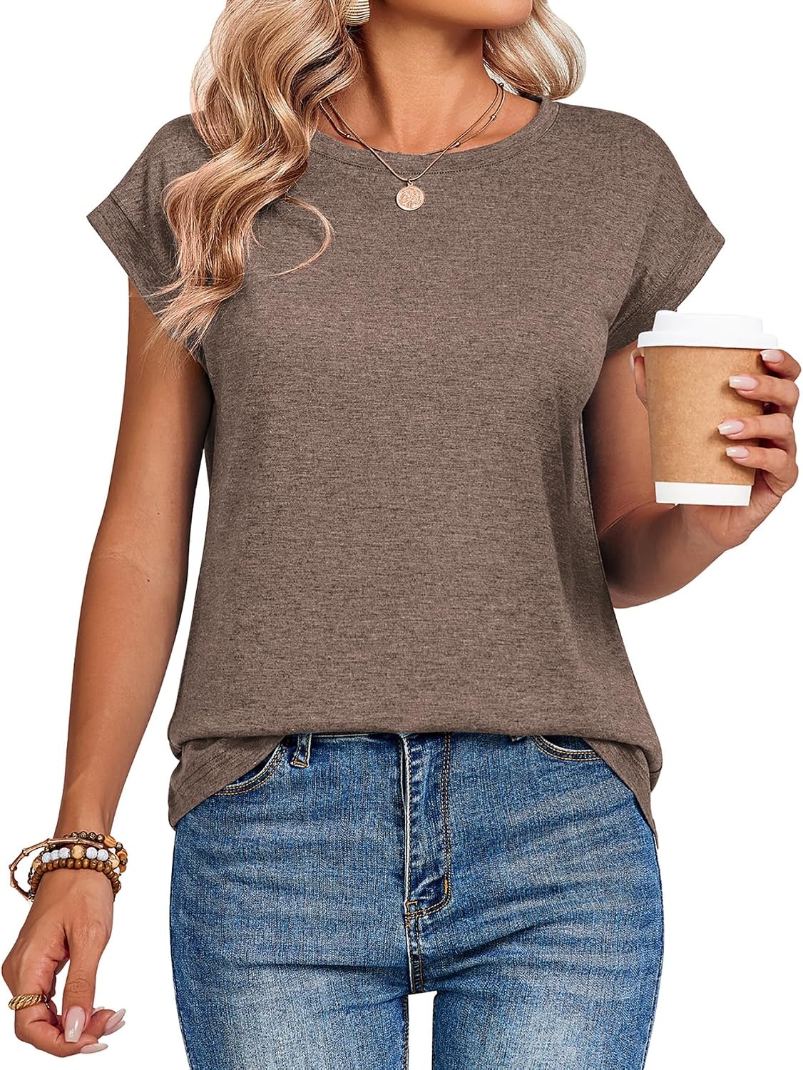 image:imageZeagoo Womens Tops Summer Casual Cap Sleeve Tshirts Shirts Business BlousesChocolate Brown