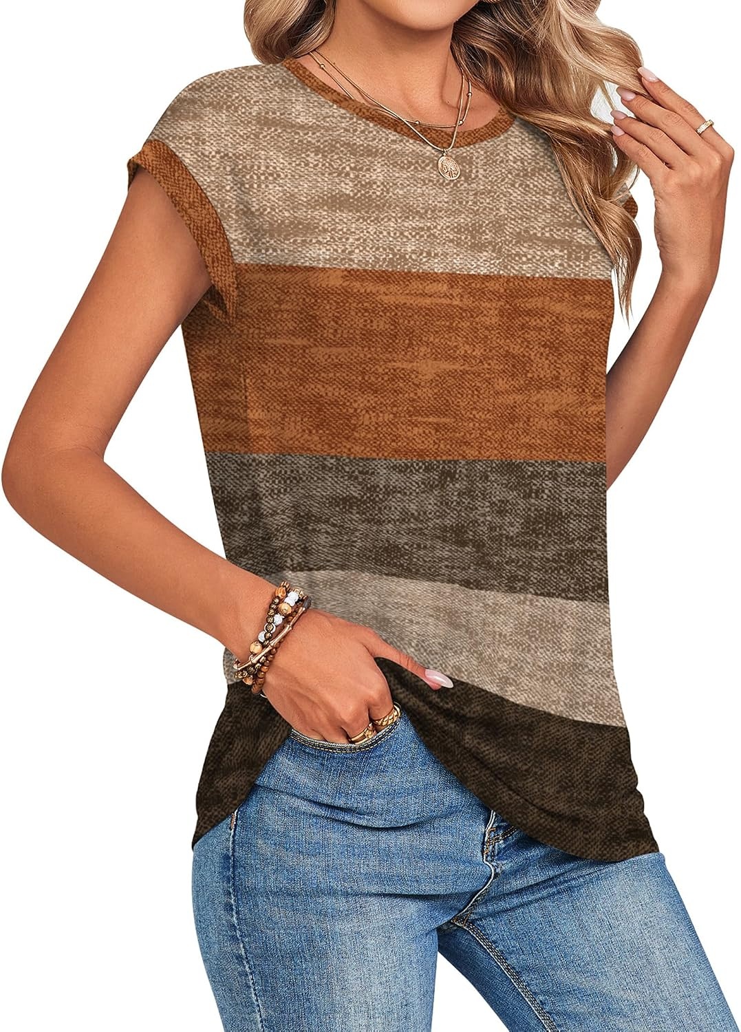 image:imageZeagoo Womens Tops Summer Casual Cap Sleeve Tshirts Shirts Business BlousesFall Weave Stripe