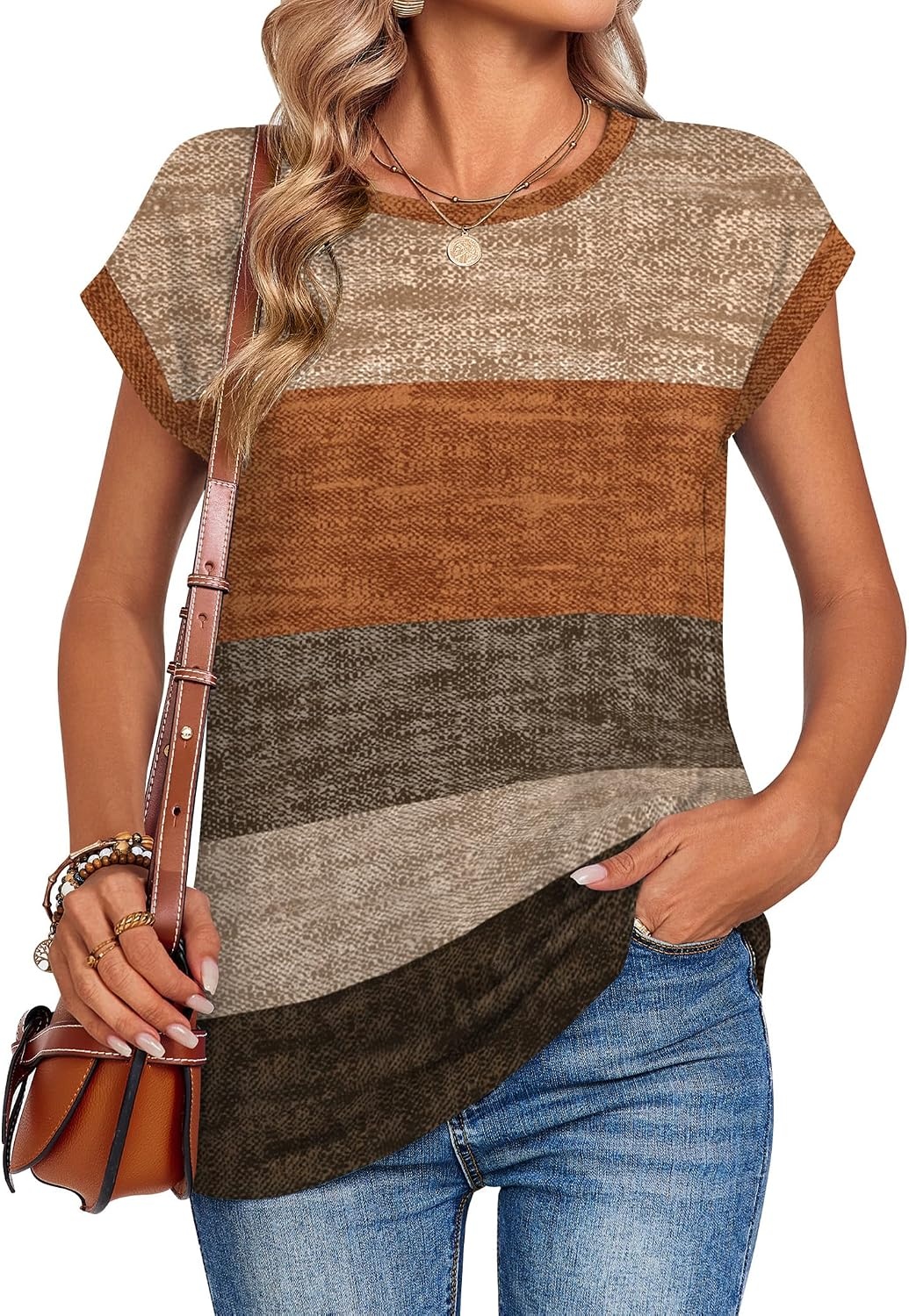 image:imageZeagoo Womens Tops Summer Casual Cap Sleeve Tshirts Shirts Business BlousesFall Weave Stripe