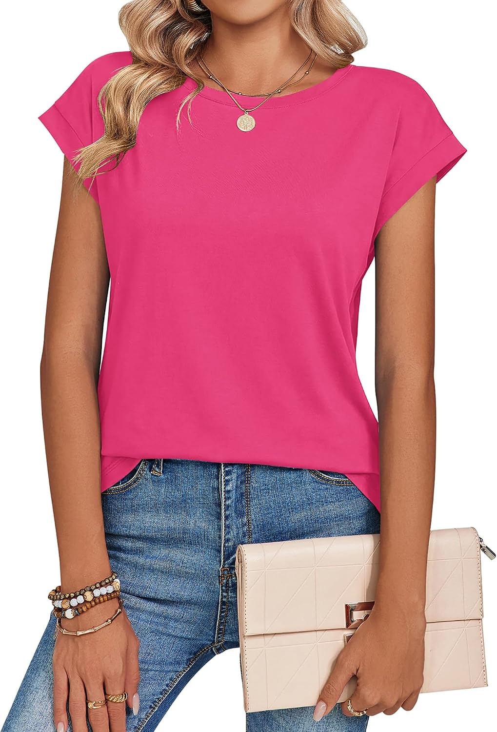 image:imageZeagoo Womens Tops Summer Casual Cap Sleeve Tshirts Shirts Business BlousesHot Pink