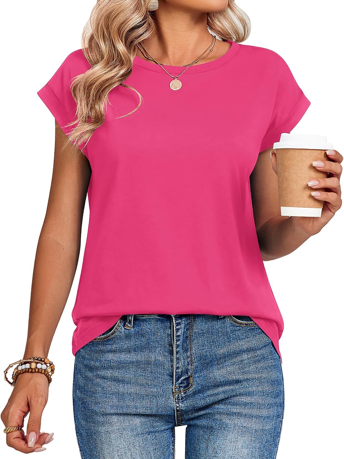 image:imageZeagoo Womens Tops Summer Casual Cap Sleeve Tshirts Shirts Business BlousesHot Pink
